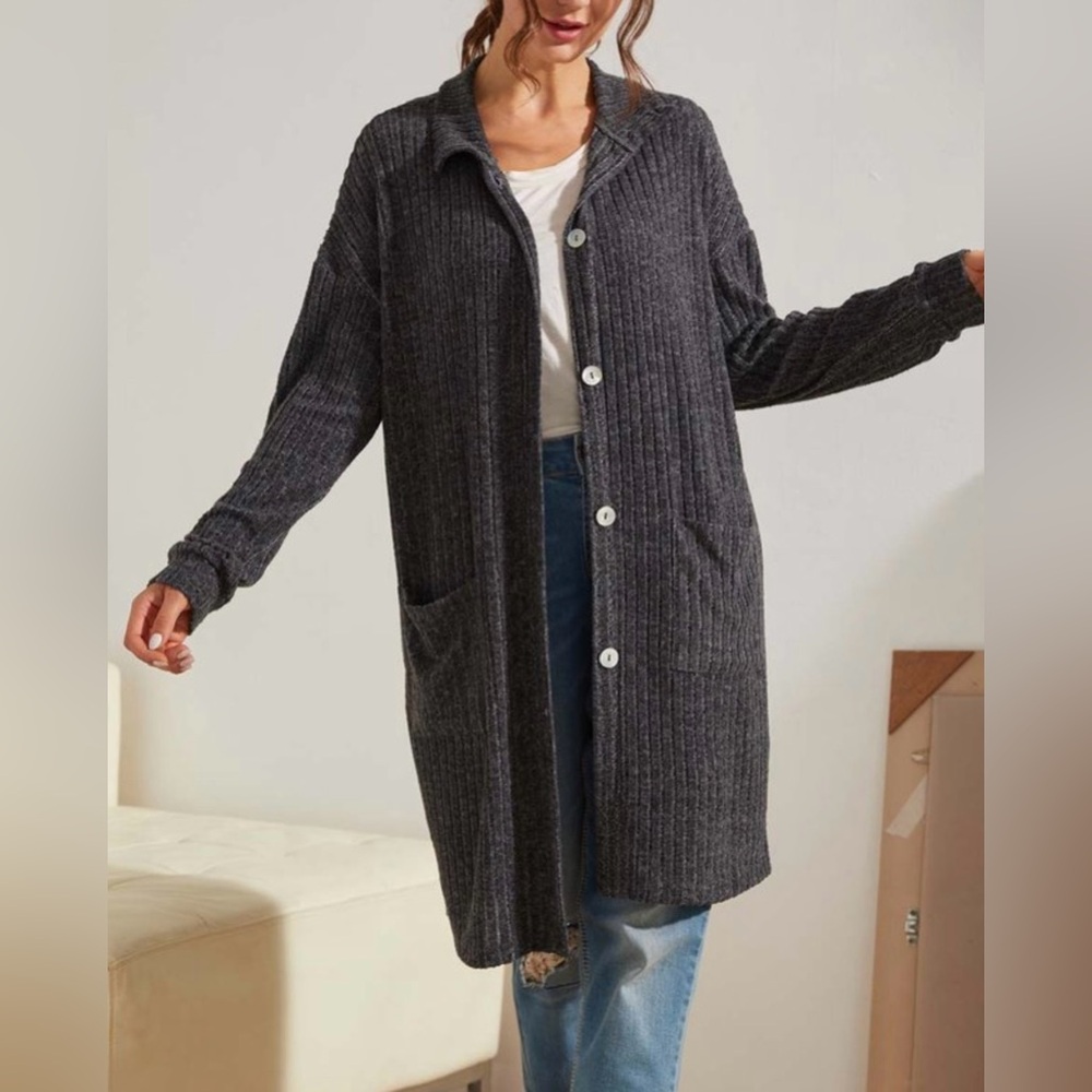 Simple by Suzanne Betro Charcoal Ribbed Button Up Collared Duster Cardigan Small